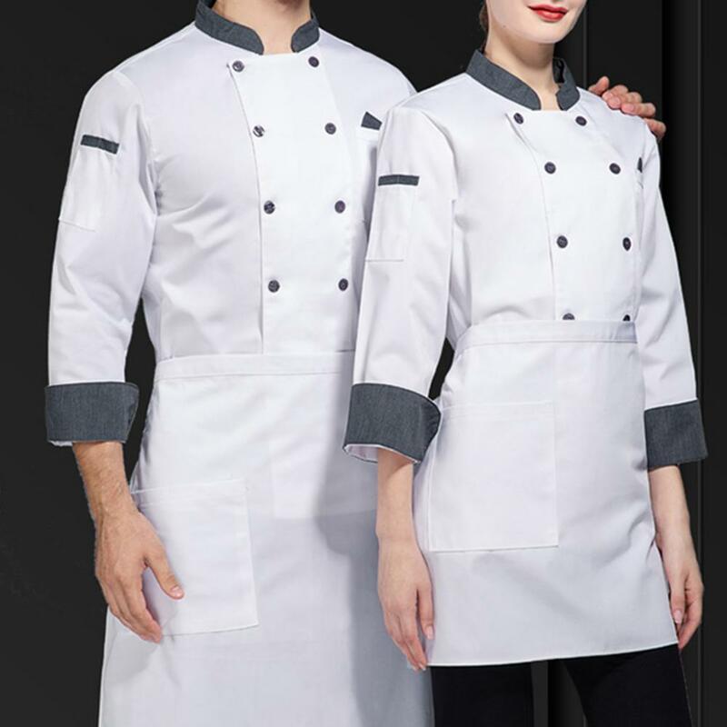 Camisa de Chef profesional de doble botonadura, chaqueta de Chef con cuello levantado, diseño de bolsillo, abrigo de uniforme de manga larga para restaurante