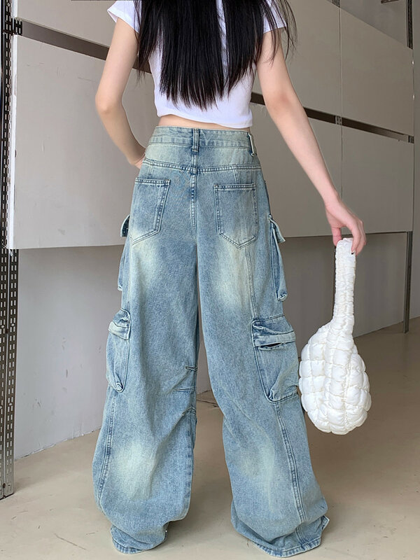 Женские брюки-карго с широкими штанинами, голубые мешковатые рваные джинсы с карманами и широкими штанинами, одежда для улицы Y2K, 2024