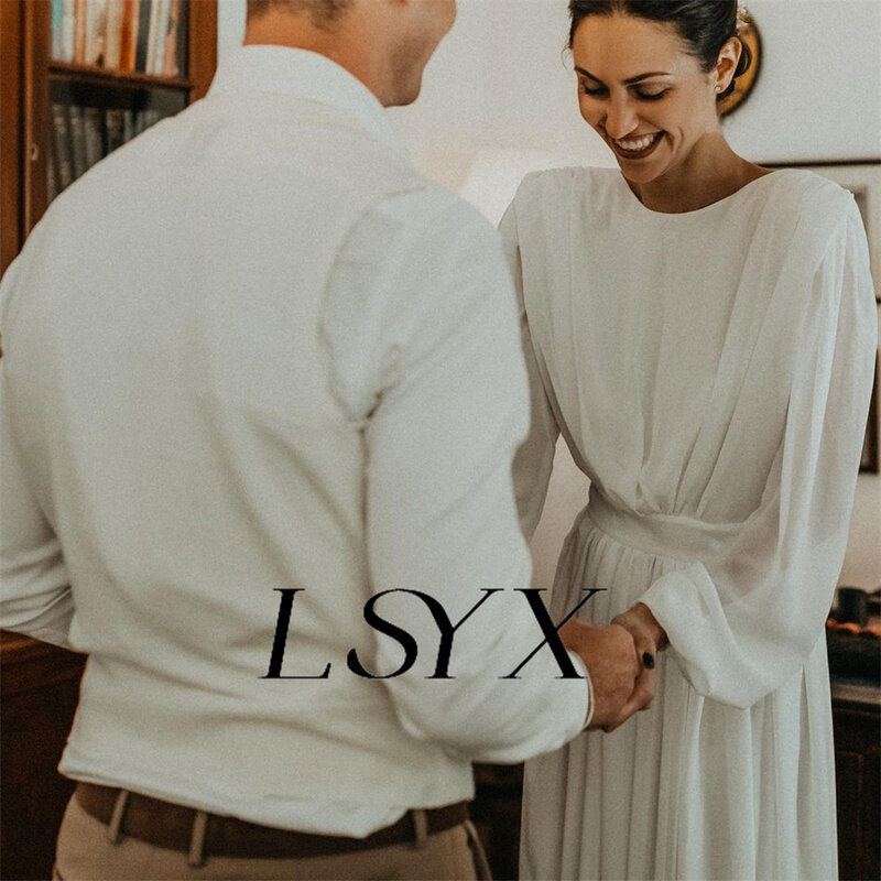 LSYX Simple O-Neck Long Puff Sleeves A-Line Pleats Wedding Dress Chiffon Open Back Court Train Bridal Gown Custom Made