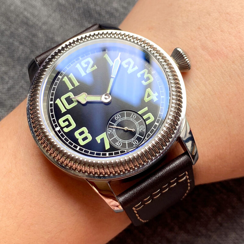 Nologo-Reloj de pulsera de cuero para hombre, pulsera de mano de acero de 44mm, 17 joyas, movimiento, deportivo, de negocios, Vintage, 6498