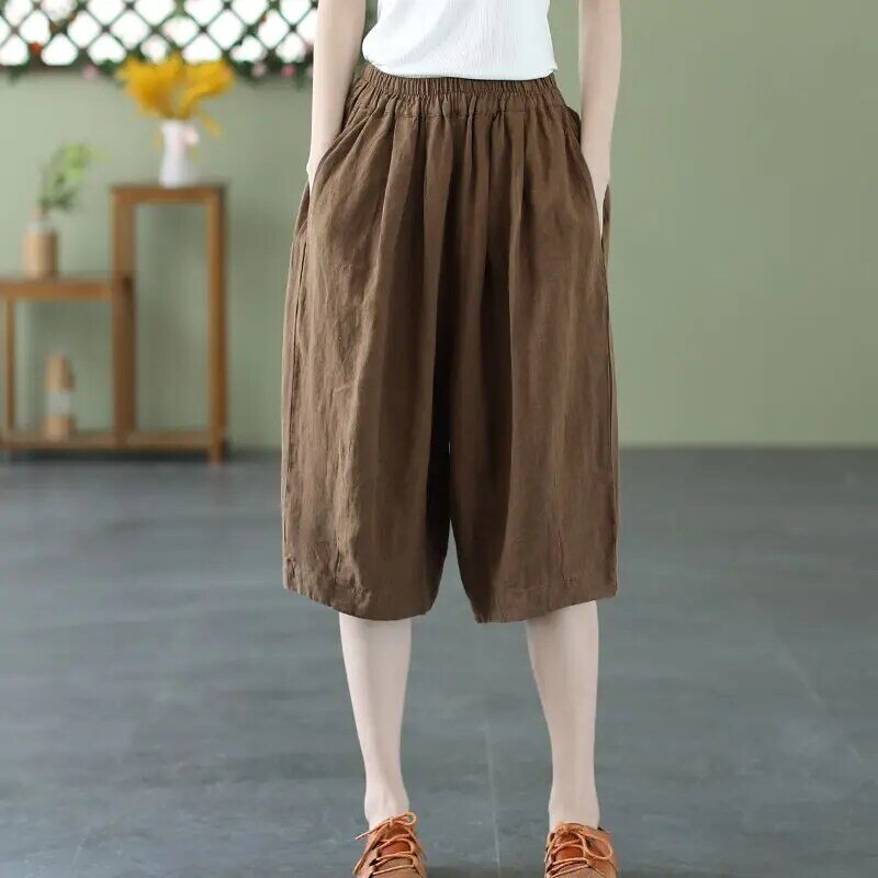 2024 nowa letnia moda na co dzień prosta leniwa sztuka Retro elastyczna talia kieszeń w jednolitym kolorze luźna oversize Harlan Capris dla kobiet