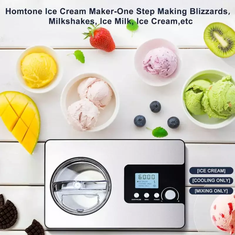 Fabricante de sorvete homtone-automático, sem máquina de sorvete pré-congelante, 2,1 quart com compressor embutido e temporizador LCD para fabricação