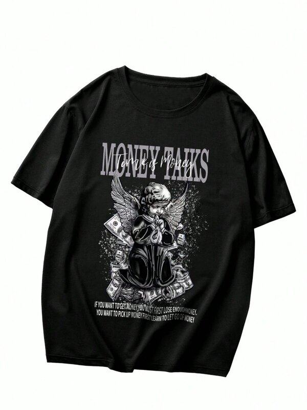 Camiseta masculina com estampa manga curta dinheiro anjo, moda casual, moda verão, plus size, roupa de rua, exterior