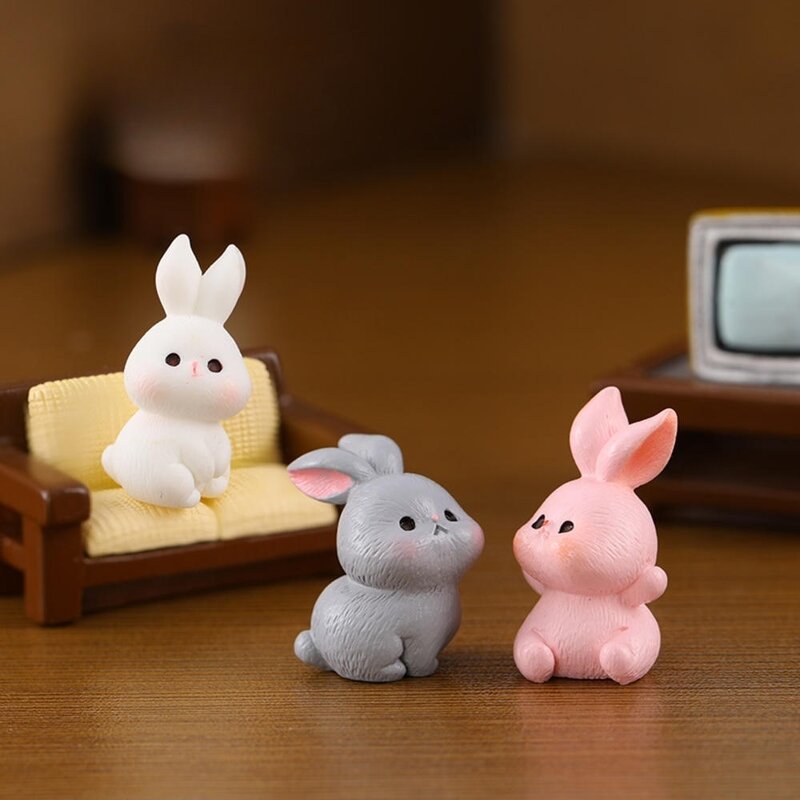 Miniature Rabbit Figurine Landscape Resin Ornaments Cute Cartoon Animal Bunny Craft Ornament Home Desk Decor Statue Easter Decor