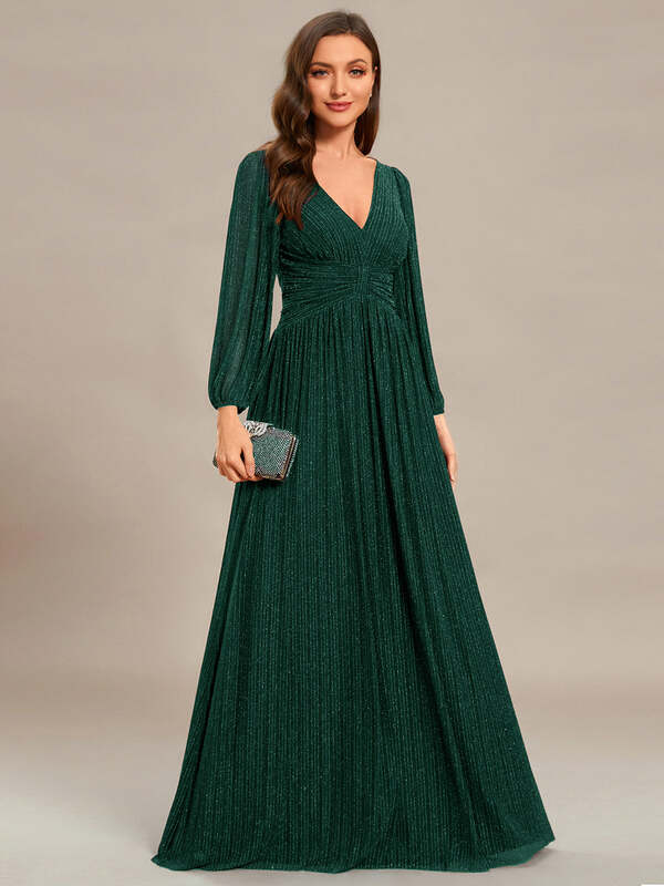 Vestido elegante com decote V profundo com mangas compridas, pregas emagrecedoras, vestido de dama de honra verde escuro, BAZIIINGAAA, 2024