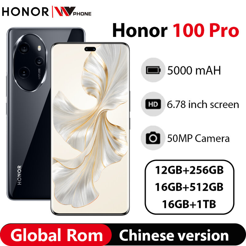 Honor-Smartphone 100 Pro 5G, Snapdragon 8 Isabel 2, appareil photo 50MP, batterie 6.78 mAh, ROM globale, écran 120 "120Hz 5000Hz