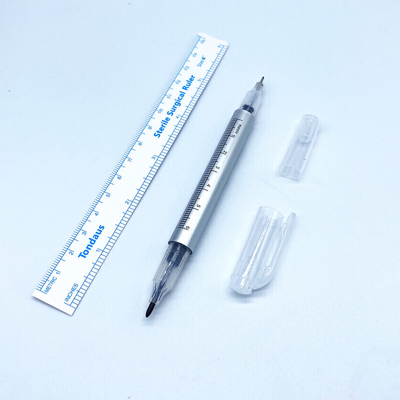 더블 헤드 외과 눈썹 문신 피부 마커 펜 도구 액세서리, 문신 마커 펜 측정 눈금자 포함 마이크로블레이딩