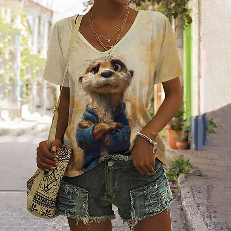 T-shirt wanita motif hewan 3D kasual lucu kaos lengan pendek Pullover musim panas V-neck atasan untuk pakaian wanita pakaian jalanan longgar