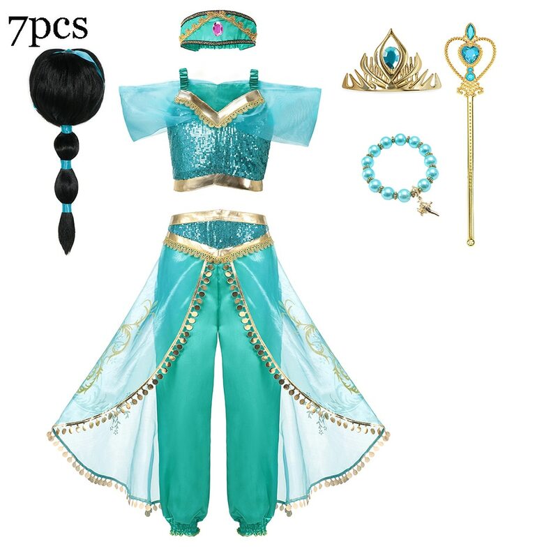 Disney Jasmine Costume For Girl Aladdin Princess Magic Lamp Pants Set Carnival Clothing Vestidos Halloween Party Cosplay Costume