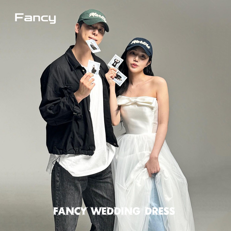 Fancy Special Cool Korea Wedding Dress Photo Shoot Sleeveless Strapless A Line Bridal Gown Bow Zip Corset Back Custom Made