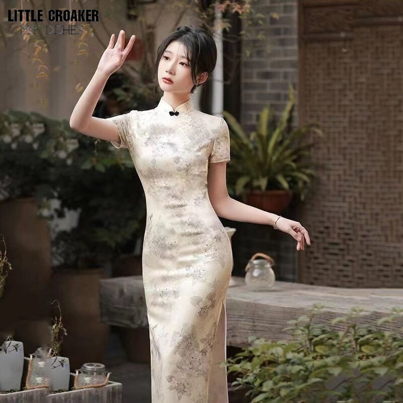 Vestido Cheongsam longo e apertado para mulher, Qipao novo, estilo chinês, Miss Young, High End, Melhoria, Verão, 2023