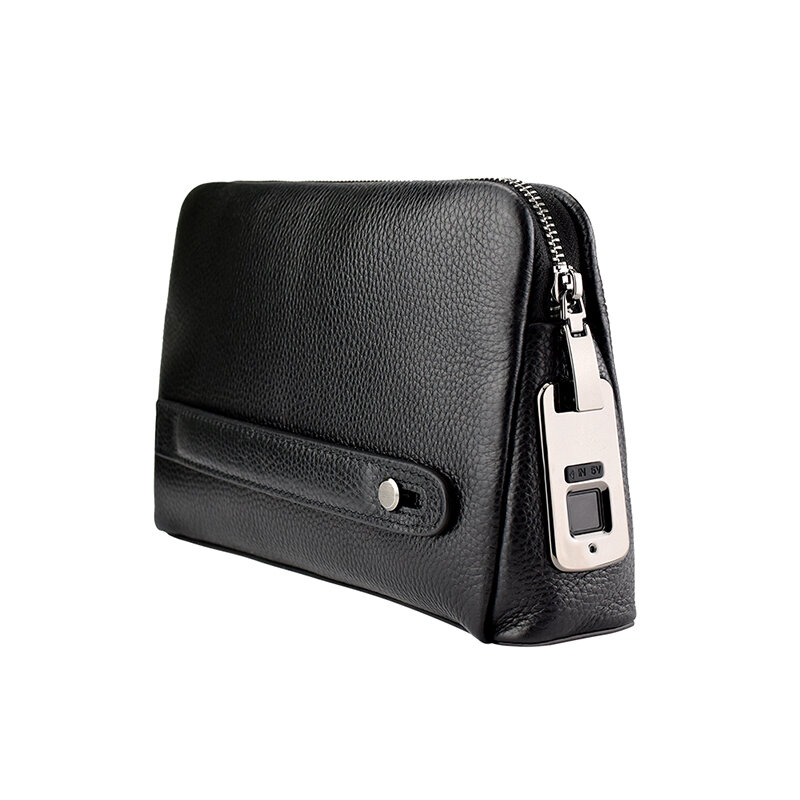 Men Zipper Leather Wallet Smart Fingerprint Security Anti Theft Handbag Black