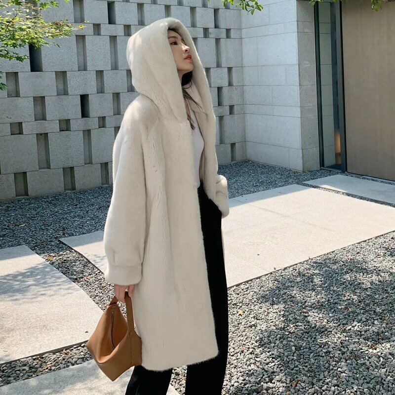 Longo marten overcoats toda vison com capuz casaco de lã de pele de vison feminino casacos de pele