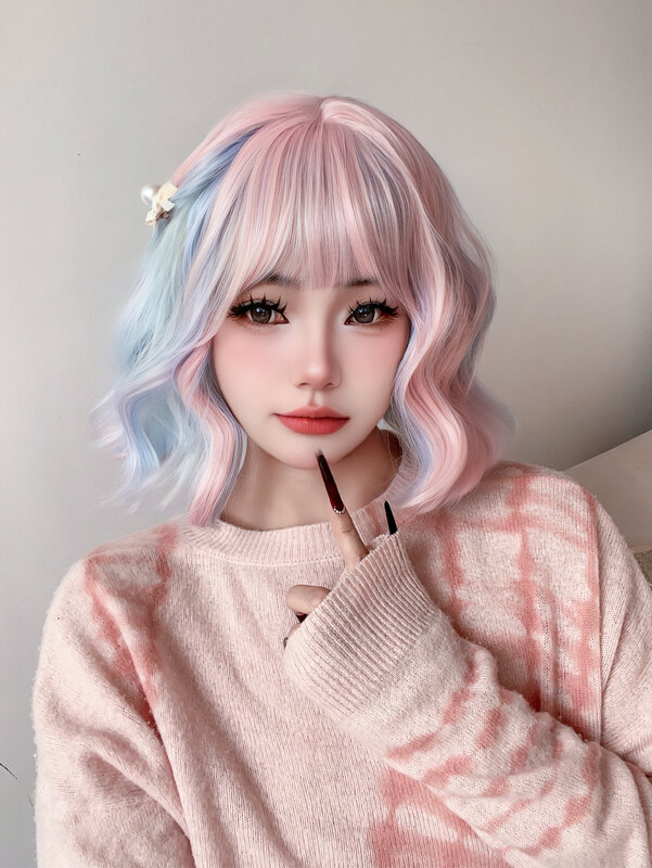 Lolita Wig sintetik 12 inci warna biru merah muda dengan Wig pendek bergelombang alami Wig rambut untuk wanita Cosplay tahan panas