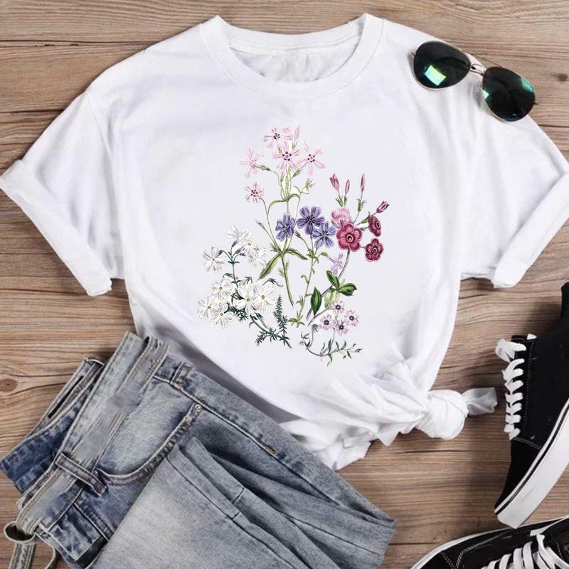 Женская футболка с коротким рукавом, принтом акварелью и цветочным принтом