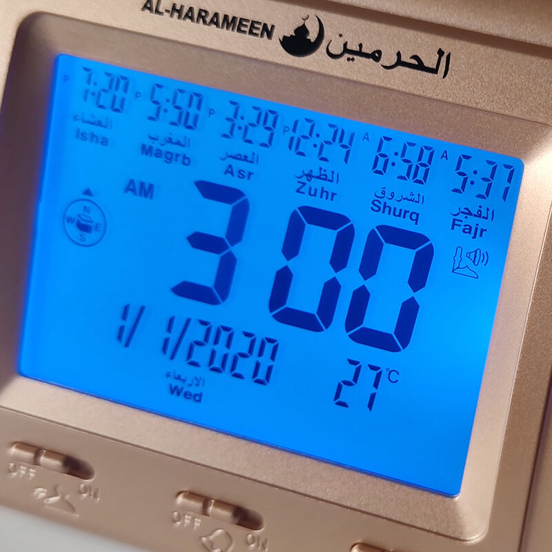 Relógio de mesa muçulmano com alarme Adhan para todas as cidades Azan tempo islâmico para oração com Qibla Direction Temp e calendário islâmico