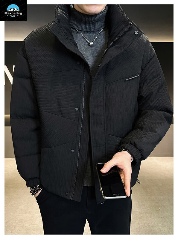 남성용 패딩 짧은 경량 따뜻한 재킷, 고급 다운 재킷, 하이 칼라, 화이트 덕 다운 코트, 겨울 패션 질감, 2024