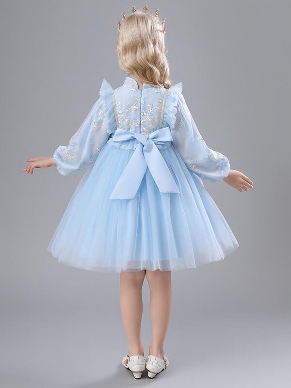 Bow Button Long Sleeve Autumn Style Flower Girls Dresses Princess Special Occasion Custom Costume Kid Clothes 2023