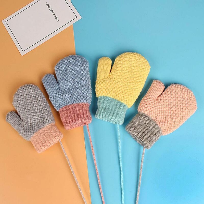 Children Mittens Winter Wool Knitted Gloves Faux Fur Thick Warm Cute Cartoon Baby Boys Girls Hanging Neck Gloves For 2-6 Years