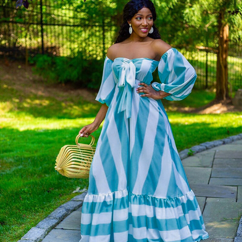 Afrikanische Maxi Kleid Frauen Liebsten Puff Sleeve Rüschen Splice Robe Sommer Neue Striped Print Sexy Strand Urlaub Lange Afrikanischen Kleid