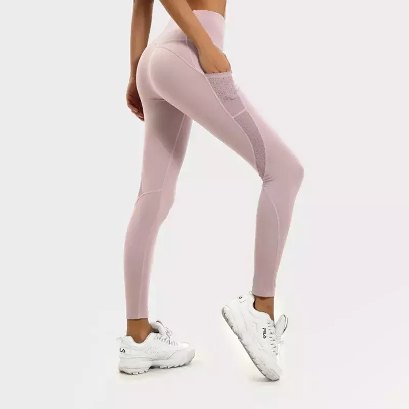 Персиковые штаны для йоги с высокой талией и карманами на бедре, женские сетчатые плотные спортивные штаны для бега и фитнеса