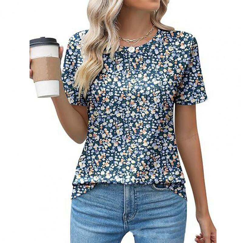 T-shirt damski z okrągłym dekoltem elastyczna tkanina t-shirt stylowy damski plisowany letni top z okrągłym dekoltem krótki rękaw luźny krój do noszenia