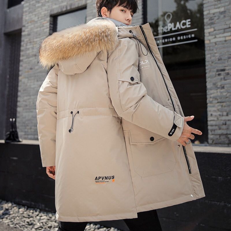 Jaqueta masculina com capuz médio, casaco espesso da moda, top quente, colarinho de pele grande, roupa de trabalho à prova de frio de alta qualidade, inverno