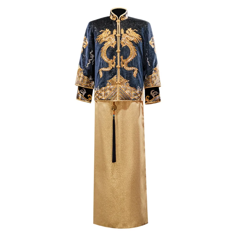 شيونغسام صيني تقليدي للرجال ، تطريز تنين ، بدلة عريس طويلة ، زواج أنيق قديم