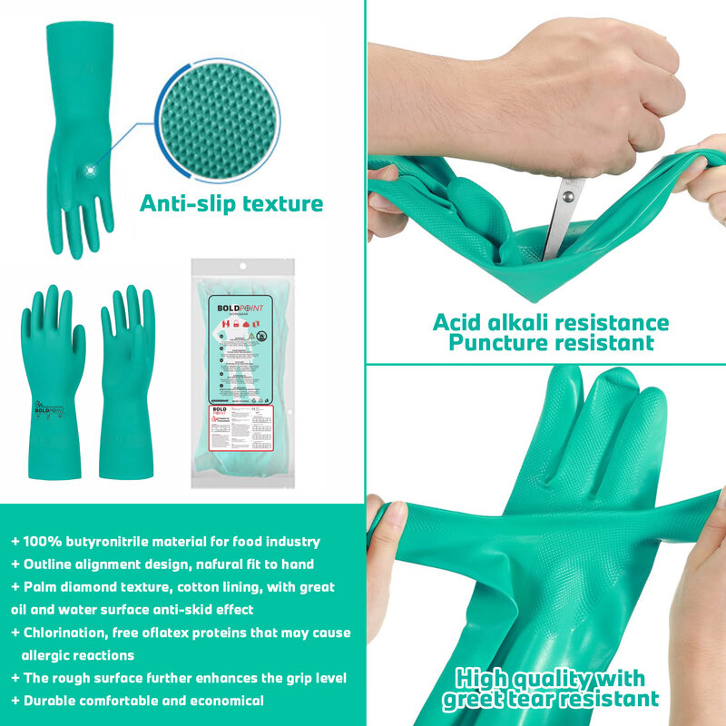 2 pasang sarung tangan nitril dapat digunakan kembali, Ekstra tebal, lengan panjang, untuk pencuci piring, berkebun, perawatan hewan peliharaan, bebas Kimia & lateks