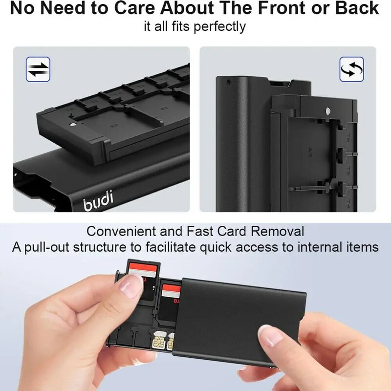 Shockproof Memory Card Storage Box, Liga Portátil, 17 Acessórios Cartão de Alumínio, Suporte do telefone, SD Micro SD, SIM Pin, BUDI 1