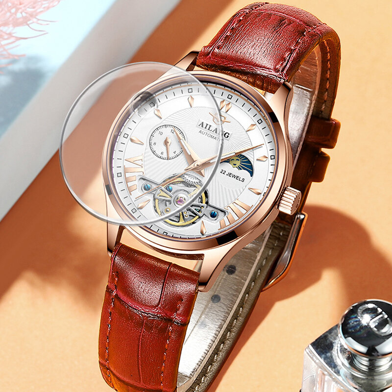 Tourbillon Automatic Watch for Women Luxury Womens Mechanical Watches Ladies Rose Gold Relogios Mecanicos Auto Sun Moon Clock