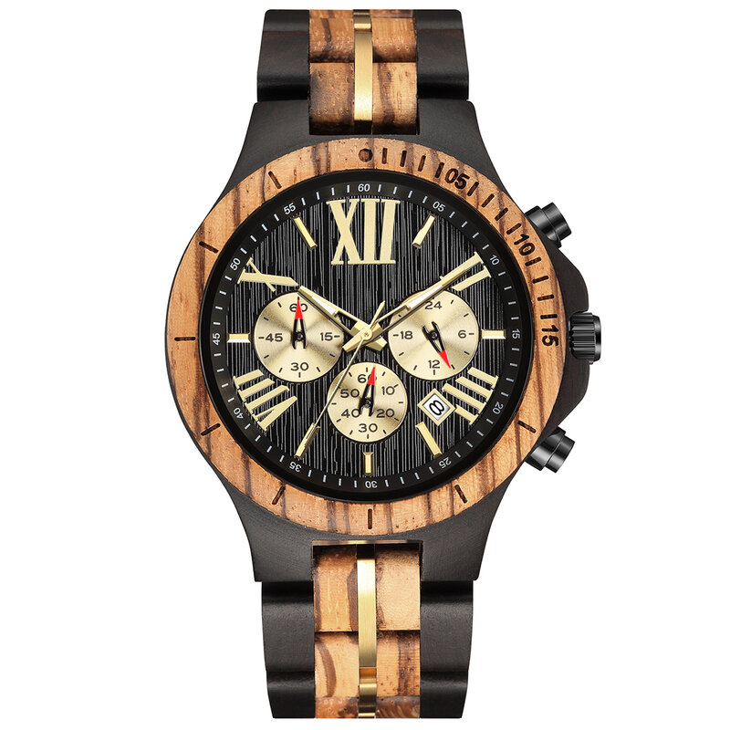 Relógio de madeira maciça para homens, cronógrafo, relógios de quartzo multifuncionais, pulseira de madeira, relógio de pulso masculino, marrom e preto