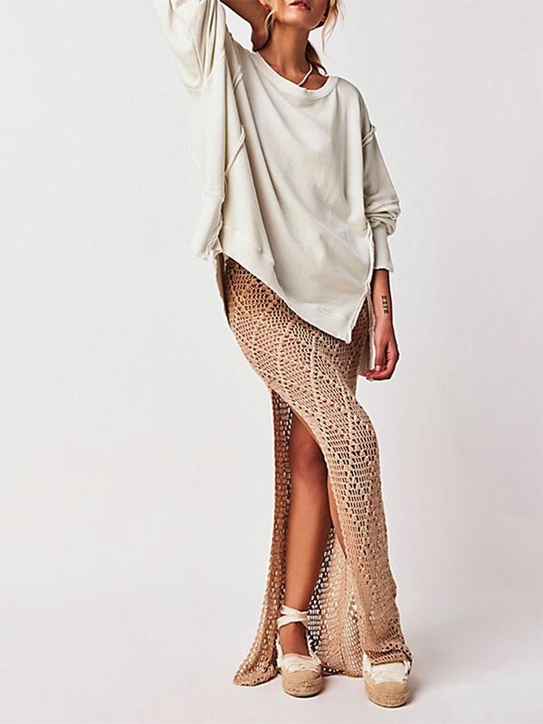 Muslimate Women 2023 Trendy felpa girocollo oversize Waffle Knit Pullover top manica lunga spacchi laterali Casual top