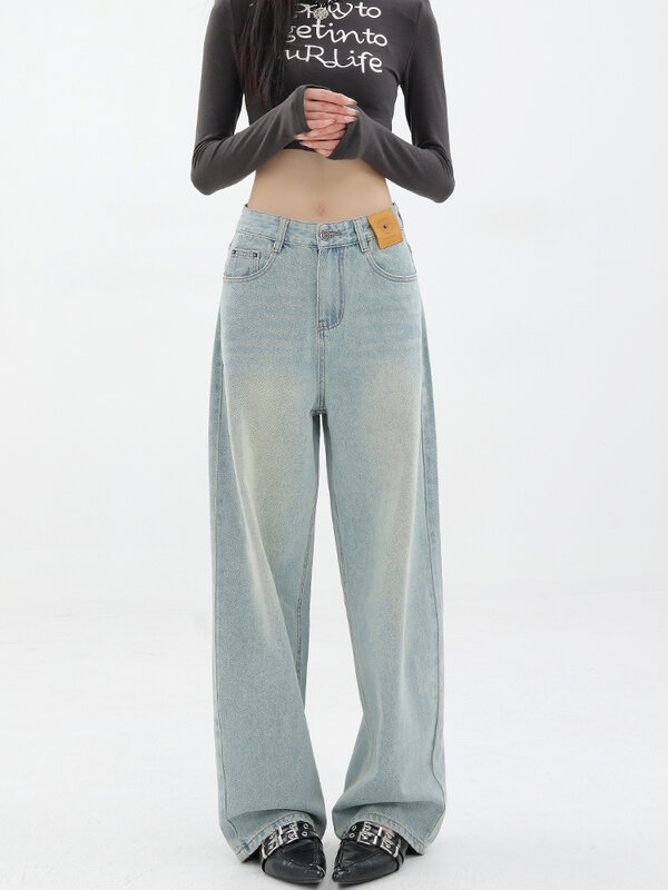 Брюки-Багги женские прямые из денима, повседневные винтажные джинсы с завышенной талией, уличная одежда в Корейском стиле, модные широкие штаны на лето