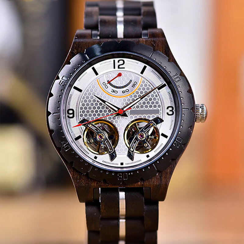 Men's Wooden Automatic Mechanical Watch Large Dial Customizable Luminous Skeleton Punk Business Watch Personalized Gifts
