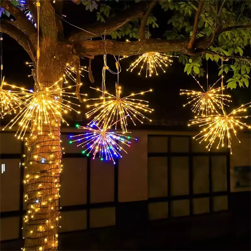Lampu kembang api gantung pohon 88LED, lampu peri dekorasi luar ruangan dengan tali kembang api tembaga cabang 22