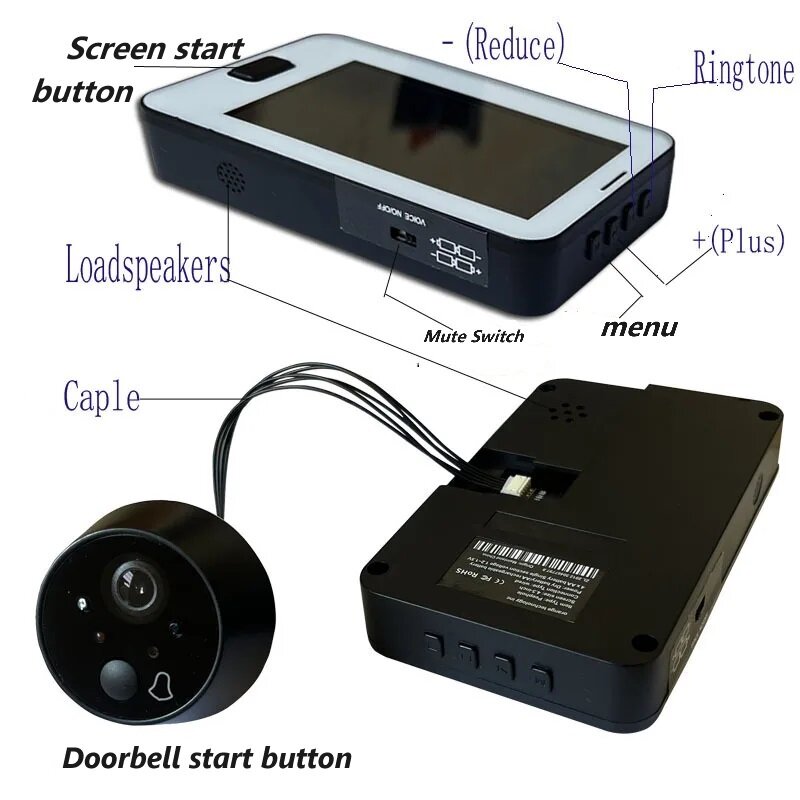 Sonnette de porte intelligente avec vision nocturne IR, 4.3 pouces, caméra HD, œil de chat, grand angle, maison