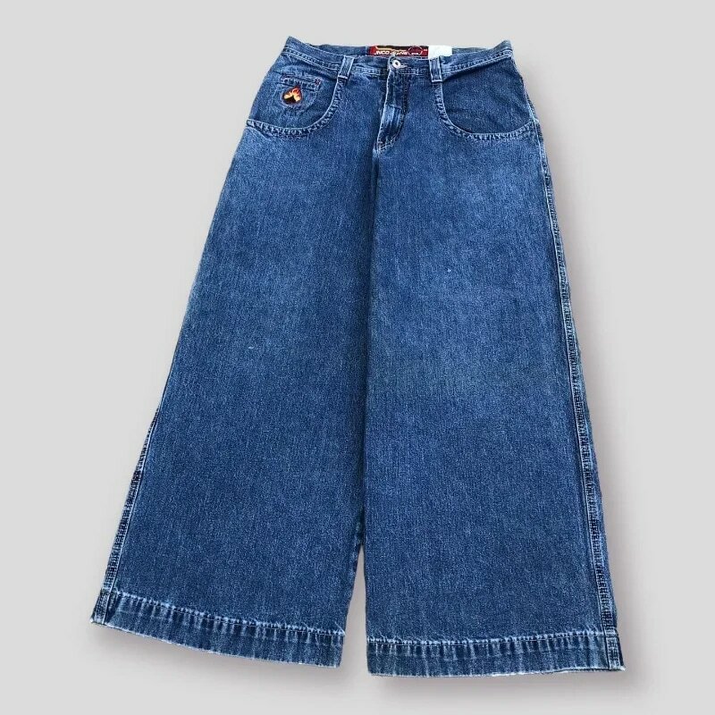 JNCO-pantalones vaqueros de pierna ancha para mujer, jeans Y2K Harajuku gótico con bordado de póker de llama, ropa de calle para novio, Hip Hop