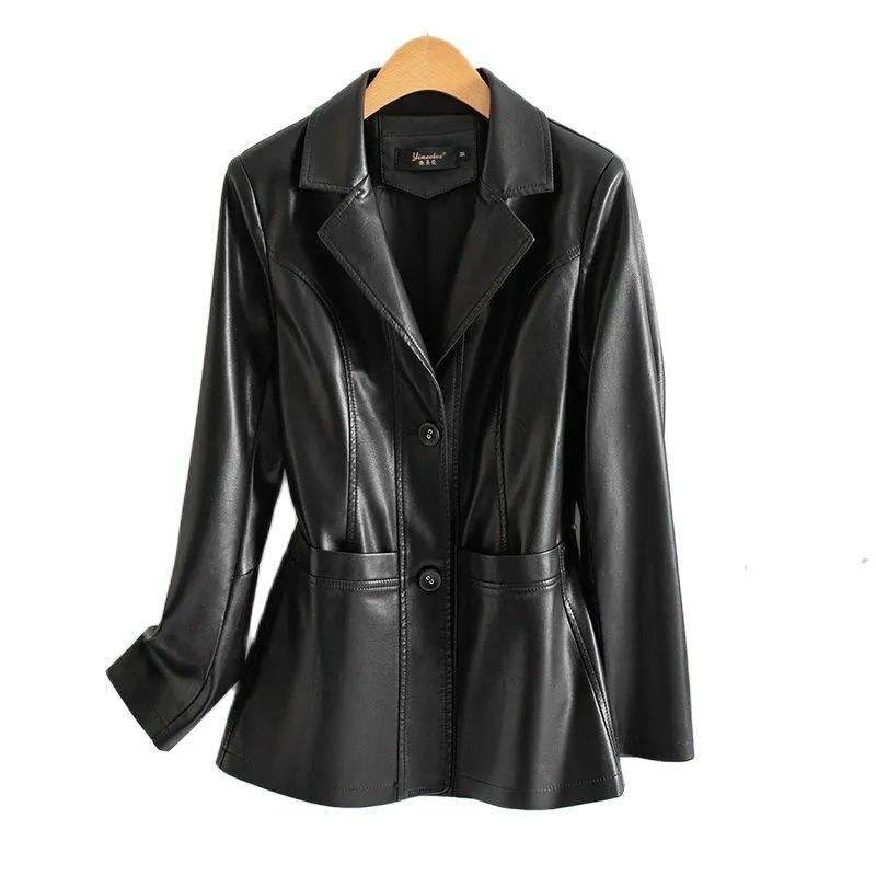2024 Spring Autumn Sheepskin Jacket Women Suit Coat Slim Single-breasted Casual Tops Lady Small Outerwear Leather Blazer Coats