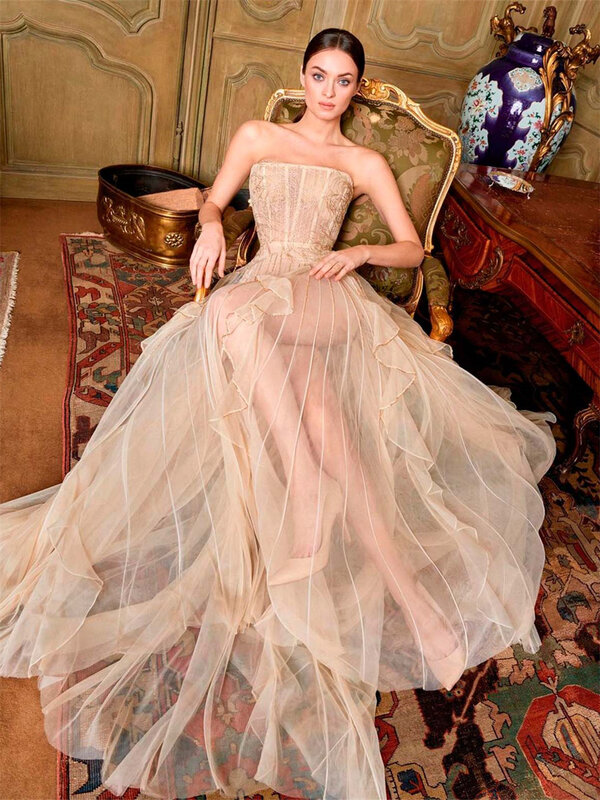 Gaun Prom tanpa tali elegan 2024 gaun malam Tulle anggun menawan panjang lantai tanpa lengan gaun Vestidos De Novia
