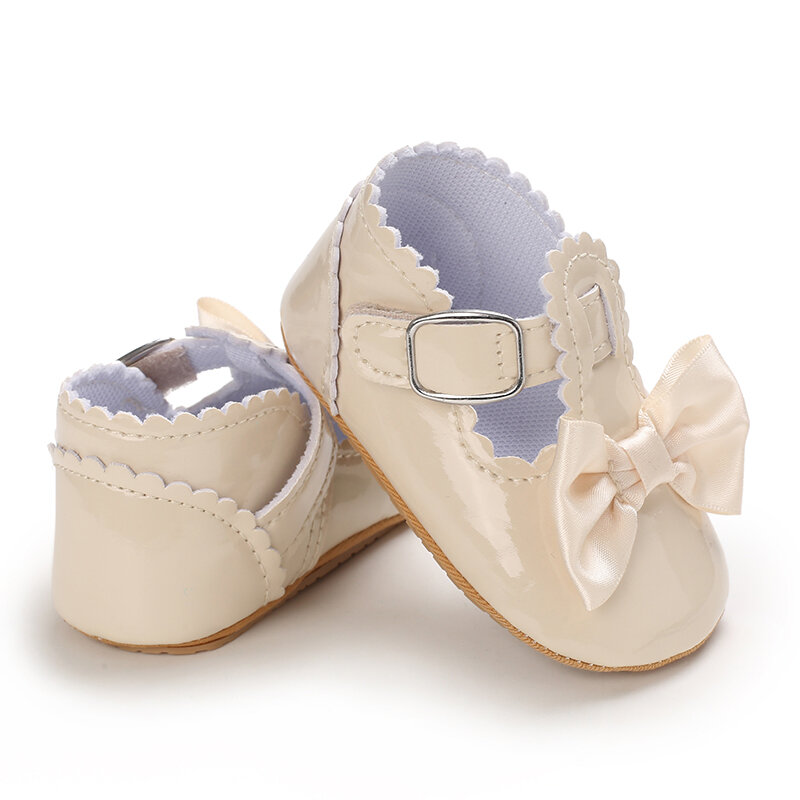 Sepatu Bayi Musim Semi Sepatu Baptis Krem Baru Sepatu Anak Perempuan Baru Lahir Kulit PU Sepatu Bayi dengan Simpul Kupu-kupu untuk Bayi Belajar Berjalan