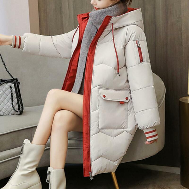 Women's Winter Coat Warm Solid Down Cotton Thickened Long Jacket Outdoor Hiking Hooded Casual Windproof Parka Coat Overcoat