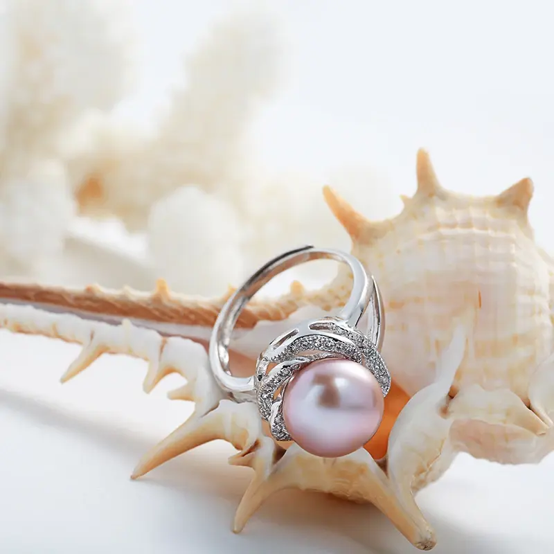 Bague en argent sterling 925 pour femme, grande perle naturelle, anneau en pierre réglable, perle blanche/rose/violette, en solde