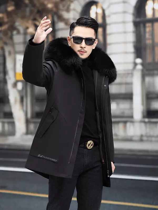 Корейская модная мужская меховая куртка, пальто с воротником из лисьего меха, парки средней длины, зимние меховые пальто со съемной подкладкой из кроличьего меха PK2230