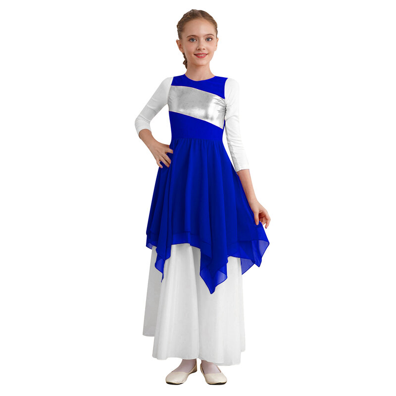 Dzieci dziewczynki Color Block liryczna sukienka do tańca patchworkowy kostium z długim rękawem asymetryczne sukienki z brzegiem czczą liturgiczne świętowanie