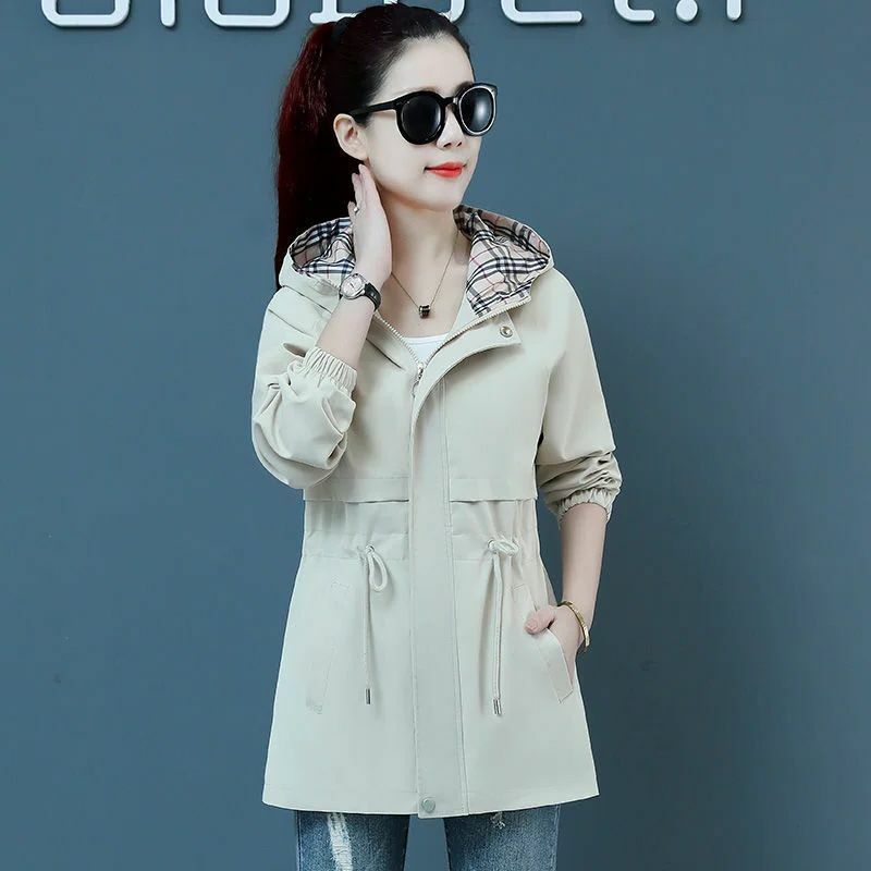 Mantel lengan panjang wanita, pakaian luar kantor longgar modis Korea warna polos, mantel bertudung Musim Semi dan Gugur 2024
