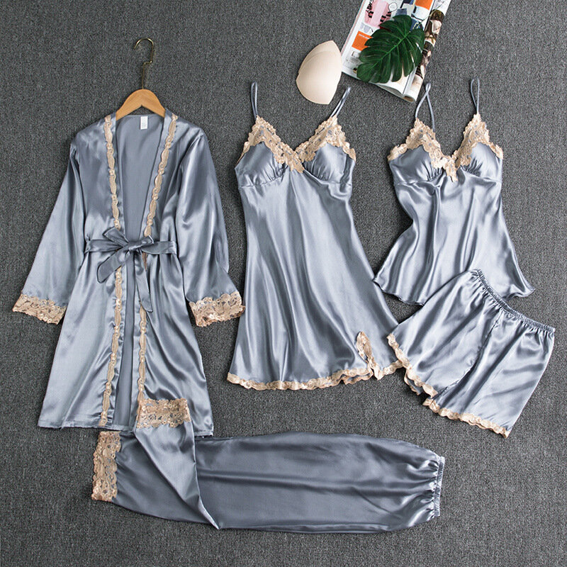 Sexy Bathrobe Kimono Gown Five Piece Set Solid Lace Edge Pajamas Female Satin Loose Loungewear Cami&Shorts Lingeries Sleepwear
