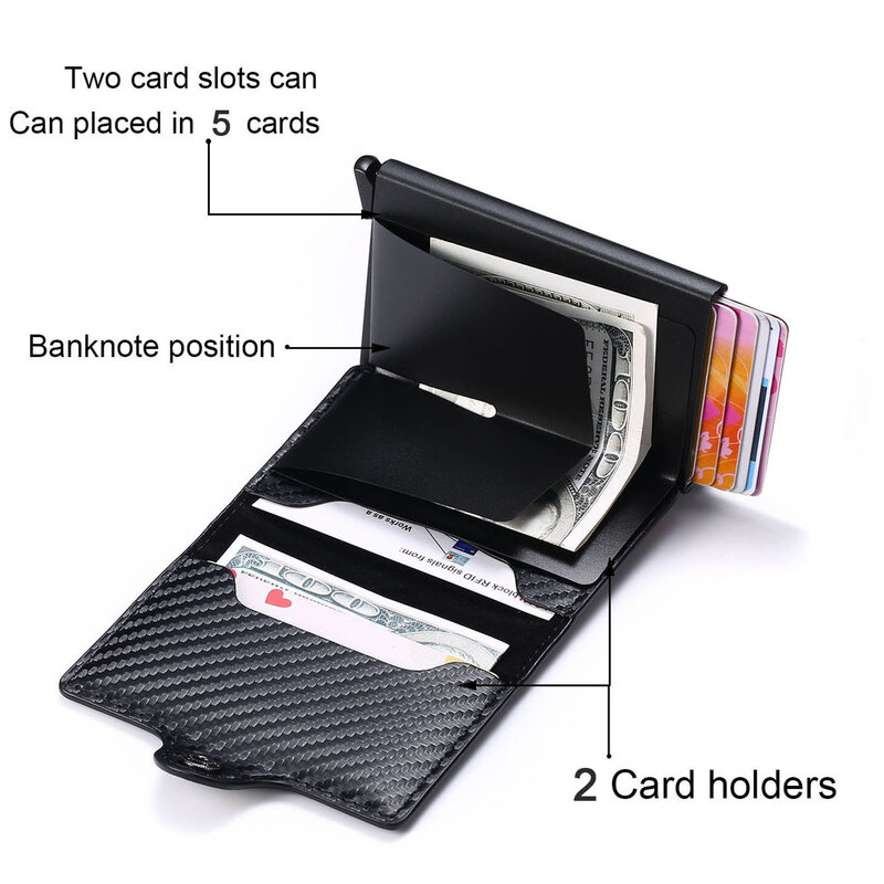 Tarjetero personalizado para hombre, billetera minimalista de cuero de fibra de carbono negro Rfid, regalos para hombre