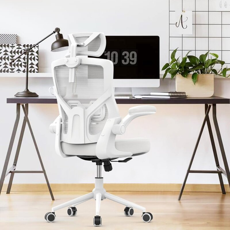 Silla de trabajo ejecutiva giratoria, sillón de ordenador con respaldo alto, soporte Lumbar moderno, reposacabezas ajustable con brazos abatibles, color blanco, Oficina