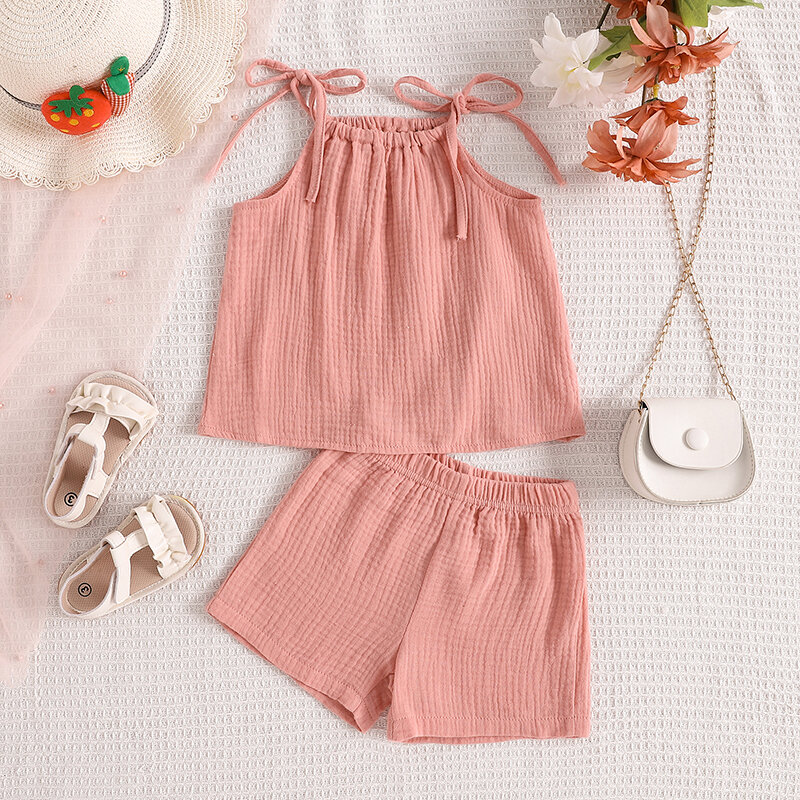 Toddler Baby Girl Summer Outfits Sleeveless Tie Strap Tank Tops + Shorts Set Clothes